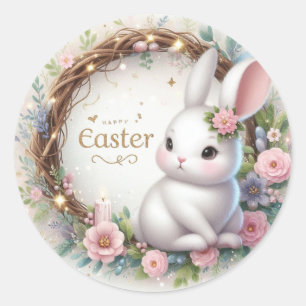 Süßer Osterhase und ein Blumenkranz Runder Aufkleber