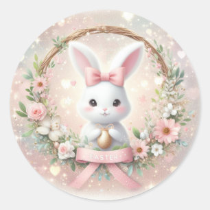Süßer Osterhase und ein Blumenkranz Runder Aufkleber