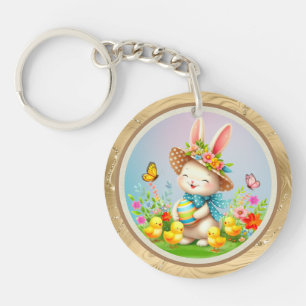 Süßer Osterhase und fröhliche Frühlingsblumen Feie Schlüsselanhänger