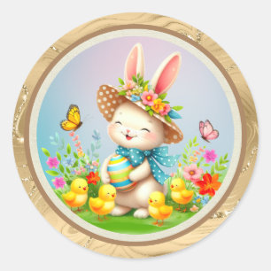 Süßer Osterhase und glückliche Frühlingsblumen Fei Runder Aufkleber