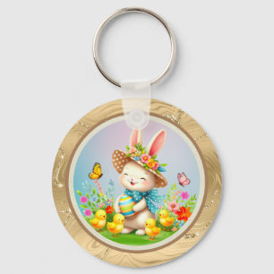 Süßer Osterhase und glückliche Frühlingsblumen Fei Schlüsselanhänger