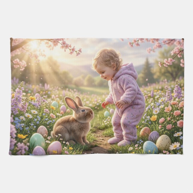 Süßer Osterhase und Kind Geschirrtuch (Horizontal)
