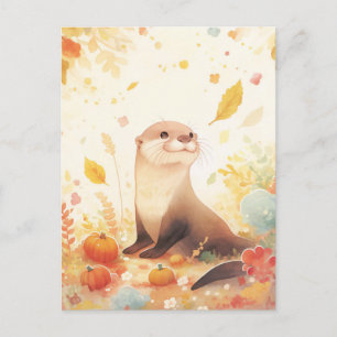 Süßer Otter im herbstlichen Kürbisfeld Postkarte