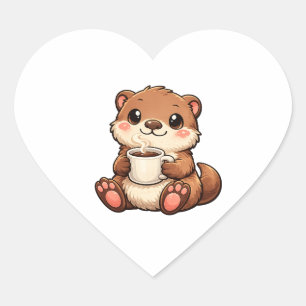 Süßer Otter mit Kaffee – Gemütliches Kawaii-Tier Herz-Aufkleber