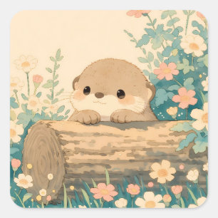 Süßer Otter ruht auf hohlem Baumstamm Quadratischer Aufkleber