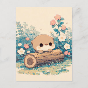 Süßer Otter schaut hinter einem Baumstamm in einer Postkarte