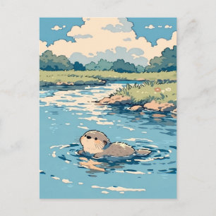 Süßer Otter schwimmt im sonnigen Sommerfluss Postkarte