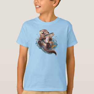 Süßer Otter umarmt einen riesigen Fisch – Lustiger T-Shirt