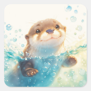 Süßer Otternachwuchs plantscht in funkelnd blauem  Quadratischer Aufkleber