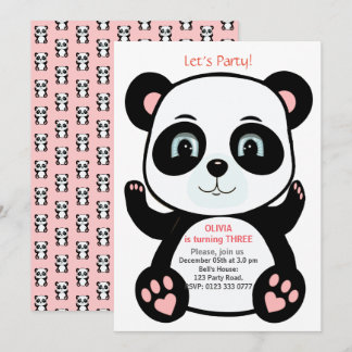 Süßer Panda-Bär auf rosa und weißem Geburtstag Einladung
