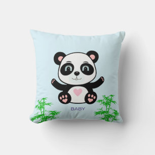 Süßer Panda-Bär & Bambus auf Hellblau Kissen