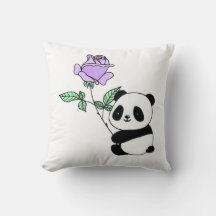 Süßer Panda Bär hält lila Rosenblume