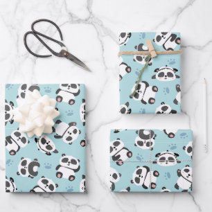 Süßer Panda-Bär-Tatzen auf cyanfarbenem Hintergrun Geschenkpapier Set
