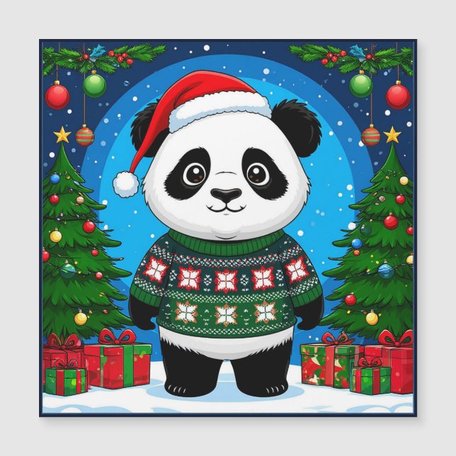 Süßer Panda in Weihnachtspullover mit Santa-Hut Magnetkarte (Vorderseite)