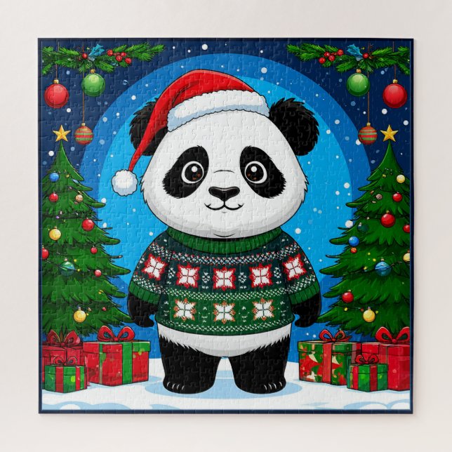 Süßer Panda in Weihnachtspullover trägt Santa-Hut (Vertikal)