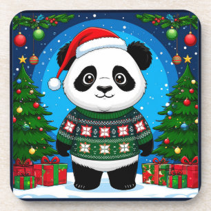Süßer Panda in Weihnachtspullover trägt Santa-Hut Getränkeuntersetzer