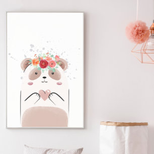 Süßer Panda Rosa Herz Aquarell Blumen Kinderzimmer Poster