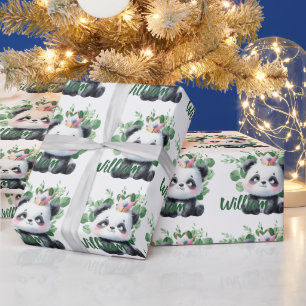 Süßer Panda Wasserfarbe Grünmuster Geburtstag Geschenkpapier