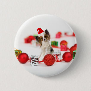 Süßer Papillon-Hund Weihnachten Santa Hut Button