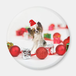 Süßer Papillon-Hund Weihnachten Santa Hut Magnet