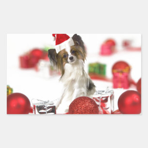 Süßer Papillon-Hund Weihnachten Santa Hut Rechteckiger Aufkleber