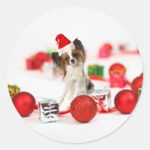 Süßer Papillon-Hund Weihnachten Santa Hut Runder Aufkleber