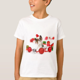 Süßer Papillon-Hund Weihnachten Santa Hut T-Shirt