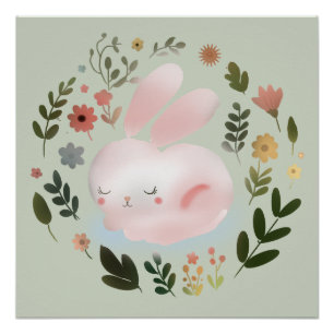 Süßer Pastell-Frühlingshase-Blumenkranz-Kinderzimm Poster