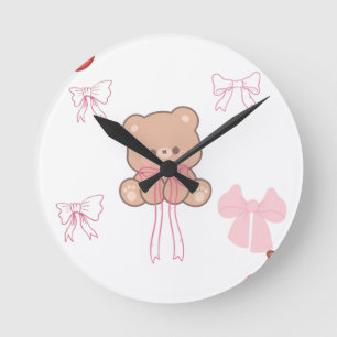 Süßer Pastell-Teddybär mit rosa Schleife, traumhaf Runde Wanduhr
