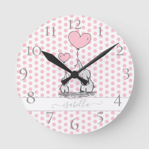 Süßer Pastell-Tupfen-Rosa-Baby- und Mutter-Elefant Runde Wanduhr