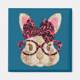Süßer Patchwork-Osterhase mit Brille rosa Schleife Magnet