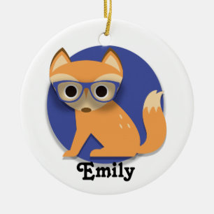 Süßer personalisierter brauner Fuchs mit blauer Br Keramik Ornament