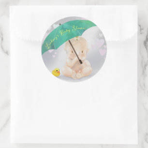 Süßer personalisierter Regenschirm-Baby-Shower mit Runder Aufkleber