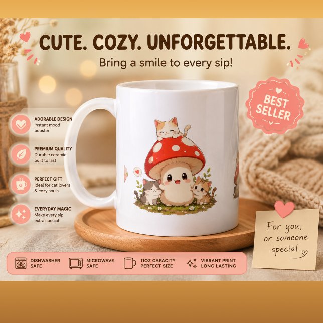Süßer Pilz & Kätzchen Kaffeebecher – Whimsical Cot Kaffeetasse (Von Creator hochgeladen)
