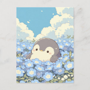 Süßer Pinguin auf blauer Blumenwiese Postkarte