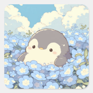 Süßer Pinguin auf blauer Blumenwiese Quadratischer Aufkleber