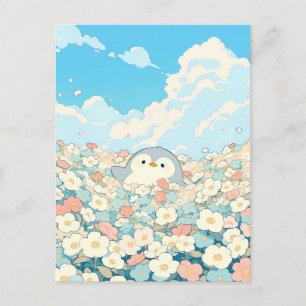 Süßer Pinguin auf einer bunten Blumenwiese Postkarte