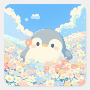 Süßer Pinguin auf einer farbenfrohen Frühlingswies Quadratischer Aufkleber