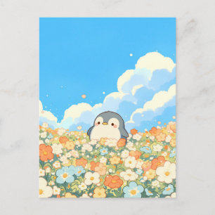 Süßer Pinguin auf einer orangen Blumenwiese Postkarte