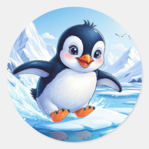 Süßer Pinguin auf Eis für Winterliebhaber Runder Aufkleber