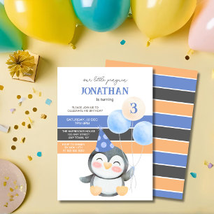 Süßer Pinguin-Ballon-Junge Geburtstag Einladung