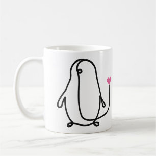 Süßer Pinguin in Ein-Linien-Kunst mit rosa Herz Kaffeetasse