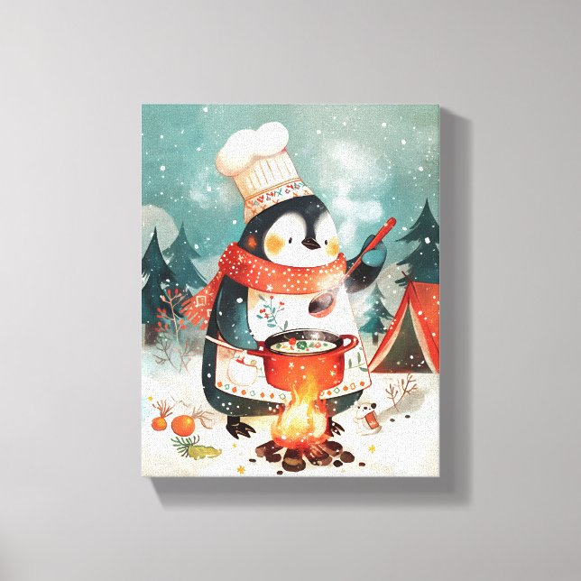 Süßer Pinguin kocht Aquarell-Winter-Kinderzimmer Leinwanddruck (Vorderseite)