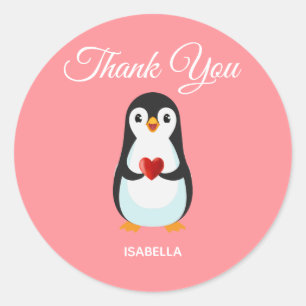 Süßer Pinguin mit Herz auf rosa Danke Runder Aufkleber