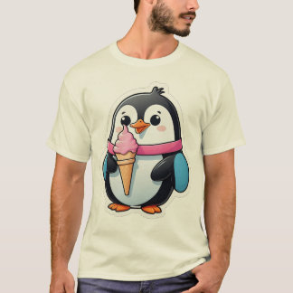 Süßer Pinguin mit rosa Eiscreme-Kegel Cartoon T-Shirt
