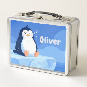 Süßer Pinguin, personalisiert in Blau Silber Metall Brotdose