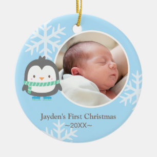 Süßer Pinguin und Schneeflocken Baby Weihnachtsfot Keramik Ornament