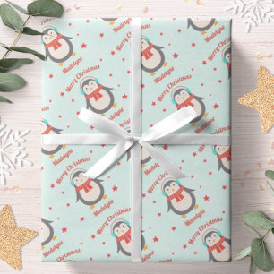 Süßer Pinguin Weihnachten Aqua Schnee Personalisie Geschenkpapier
