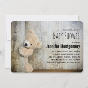 Süßer Plüschbär Rustikale Holzrückwand Babyparty Einladung