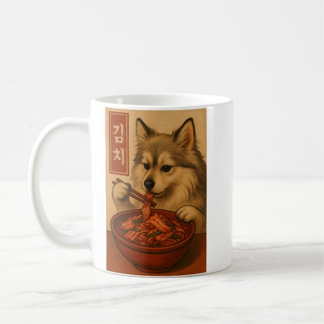 Süßer Pomchi-Hund isst Kimchi Kaffeetasse (Links)